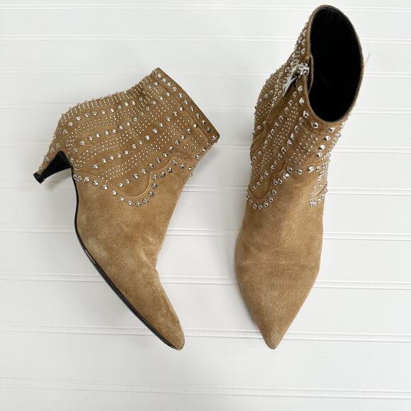 Saint Laurent Cat Ankle Bootie 50 Tan Suede Studded Heels Western Kitten - Picture 2 of 14